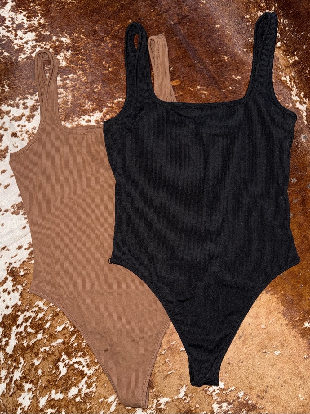 Set of two women’s Bodysuits - Black and Brown square neck ribbed texture